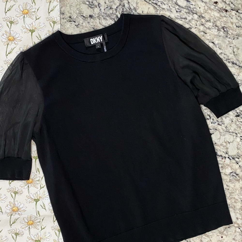 DKNY | M | Black knit top with sheer puff sleeves, minimal feminine crew neck